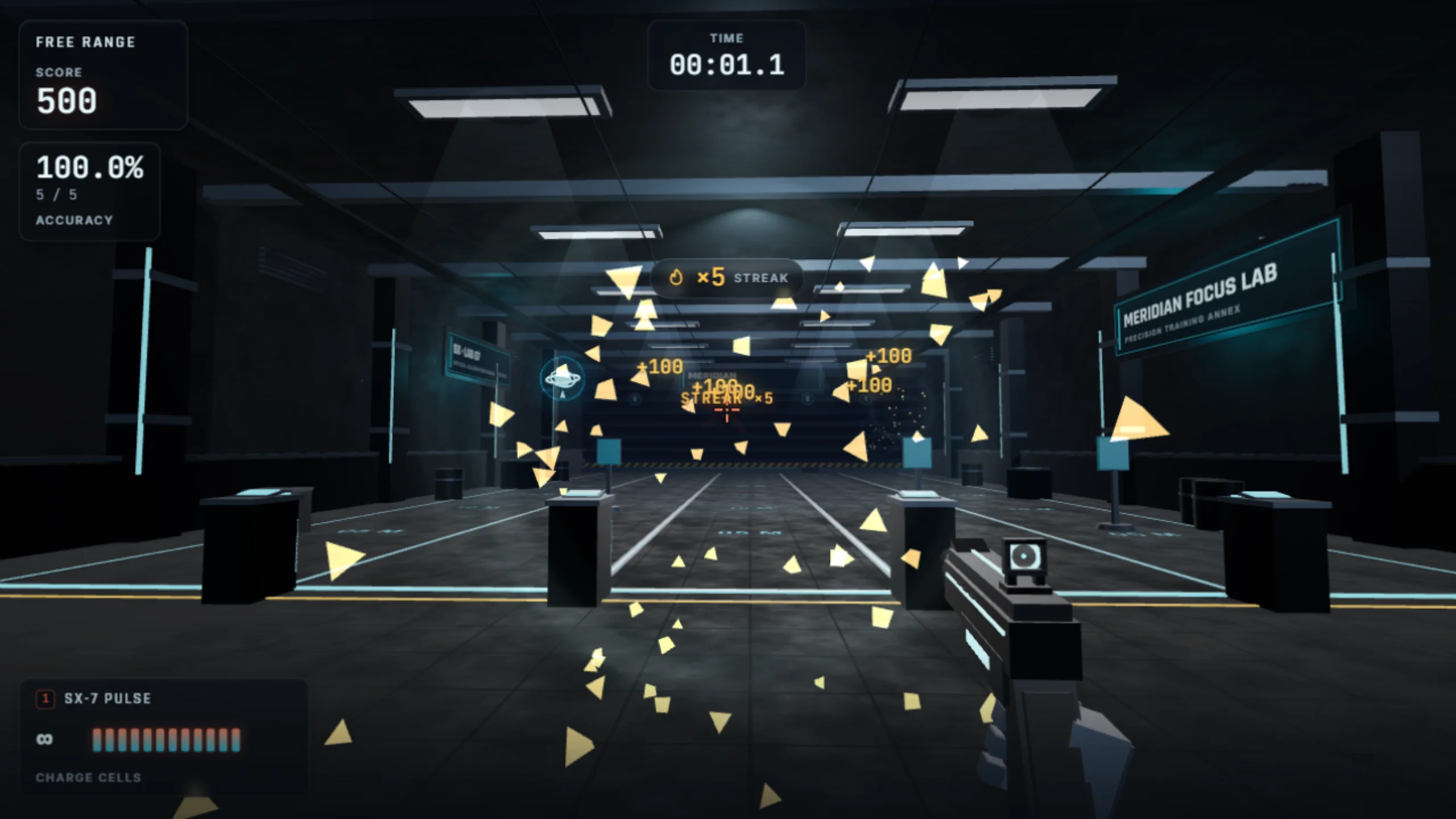 Annex Hall in the Shooter X Focus Lab, down-lane with the run HUD live