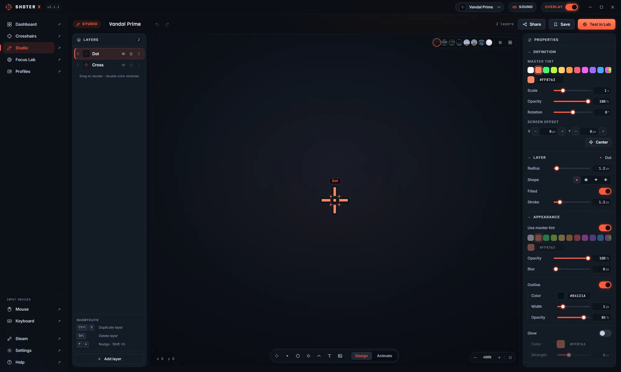 The Shooter X crosshair studio with a design open